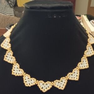 Gold and White Beaded Heart Necklace - Women Jewelry